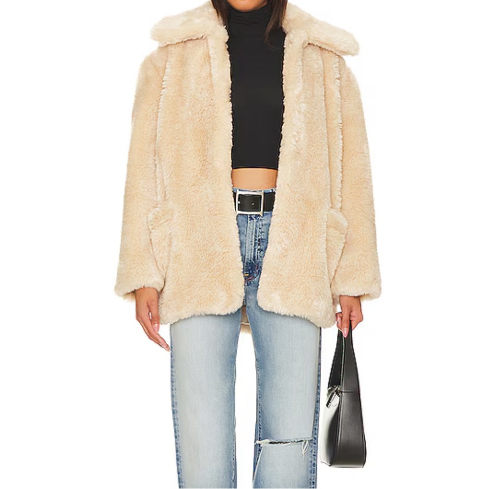 Free People Pretty Perfect Faux Fur Peacoat, Color Tea / Off-White Sz Large NWT
